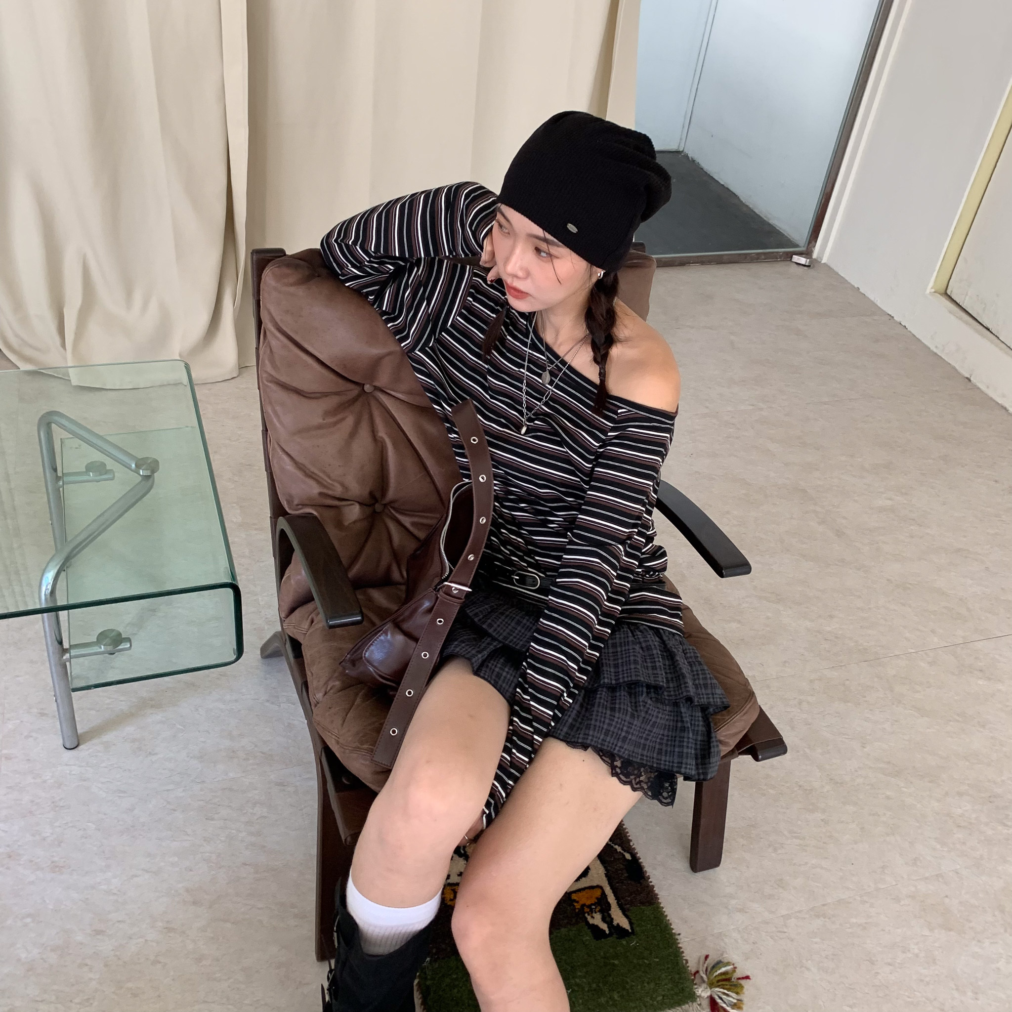 ISA_韓女條紋控 (附皮帶)ins風撞色條紋斜肩上衣_59003