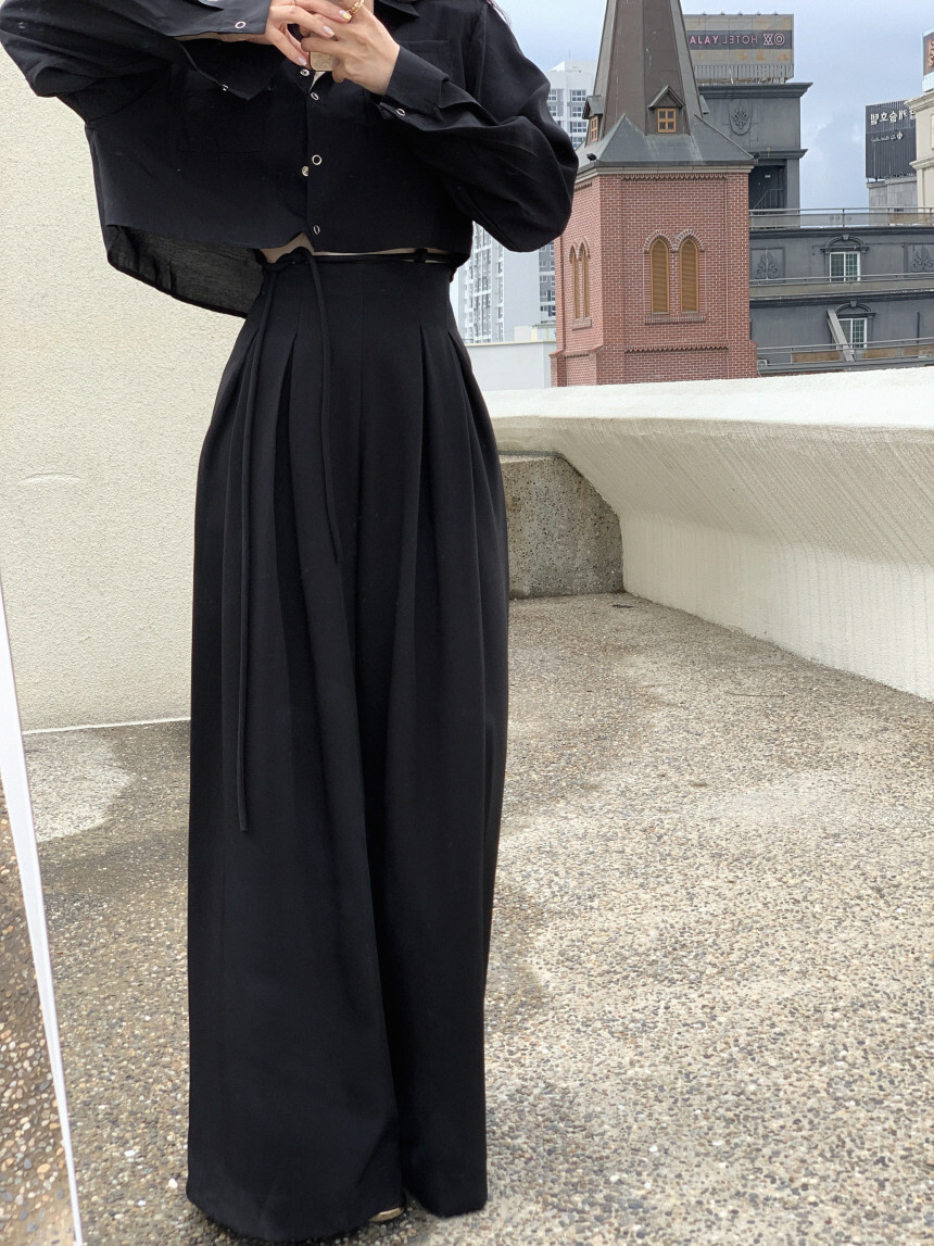 東大門 抽繩設計高腰垂墜寬褲(咖/黑)