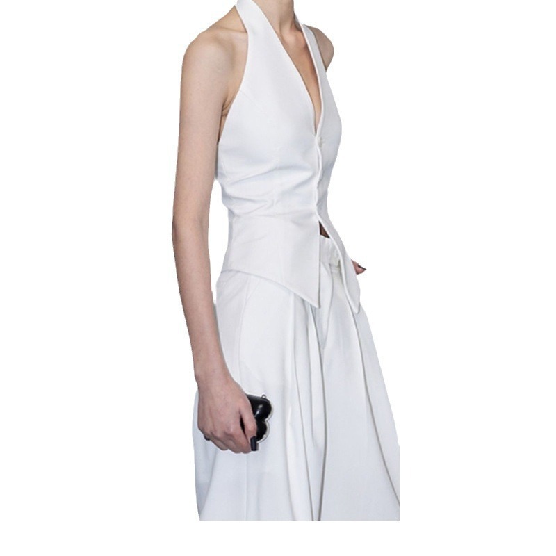 繞脖露背上衣+高腰褲(2件組)(黑/白)