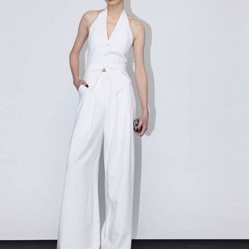 繞脖露背上衣+高腰褲(2件組)(黑/白)