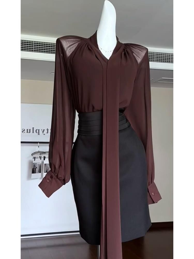 YSL飄帶雪紡上衣+壓褶窄裙(2件組)