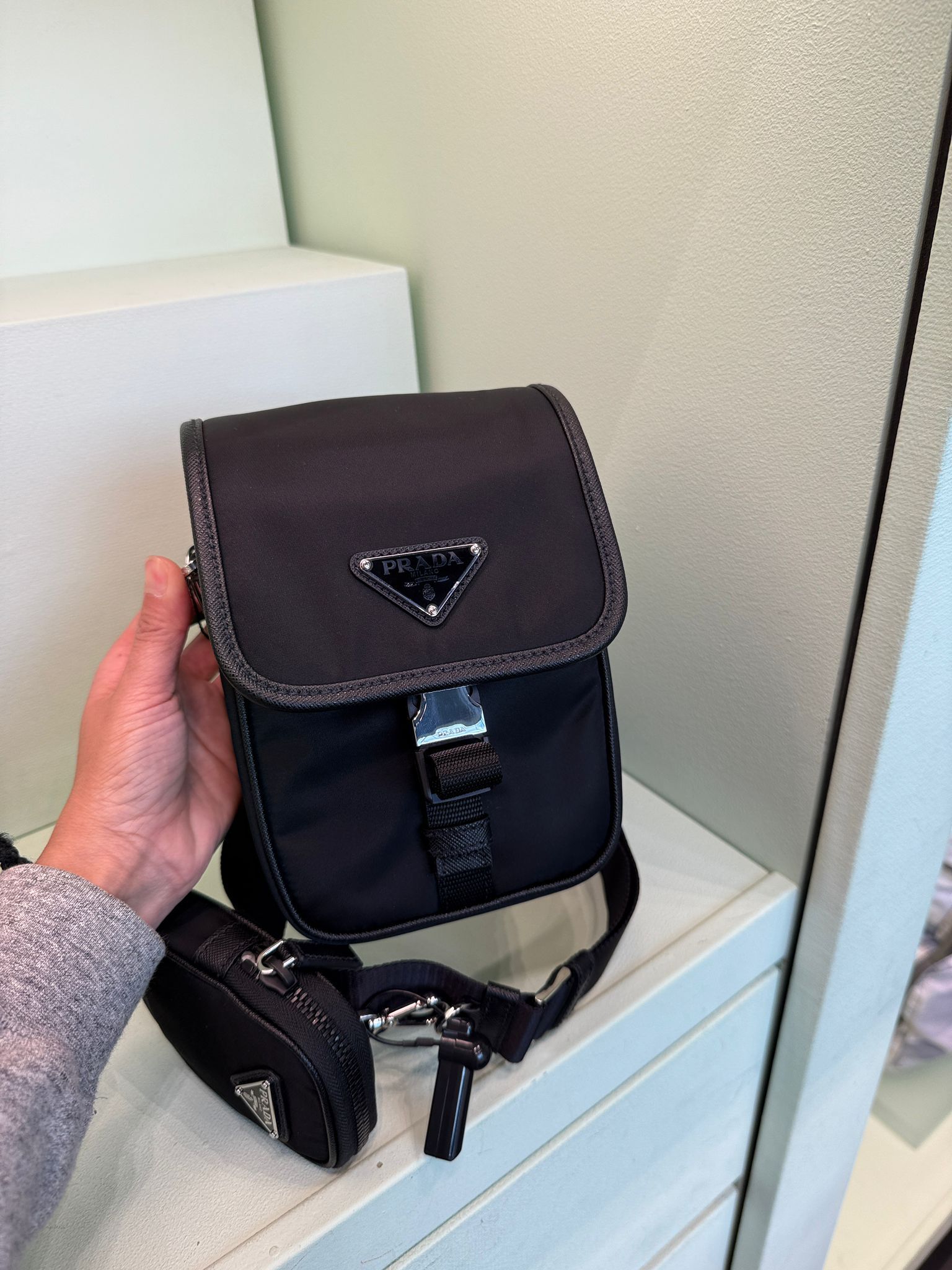 Prada Triangle Plate Shoulder Bag Black 2VD043