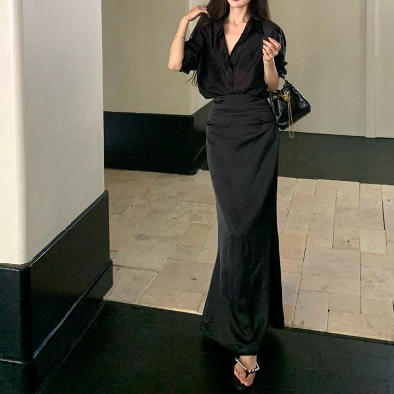 慾姊風 綢緞襯衫+高腰魚尾裙(2件組)