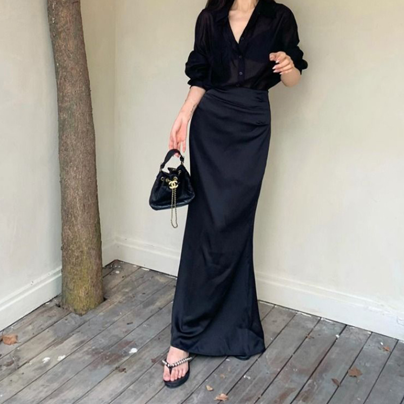 慾姊風 綢緞襯衫+高腰魚尾裙(2件組)