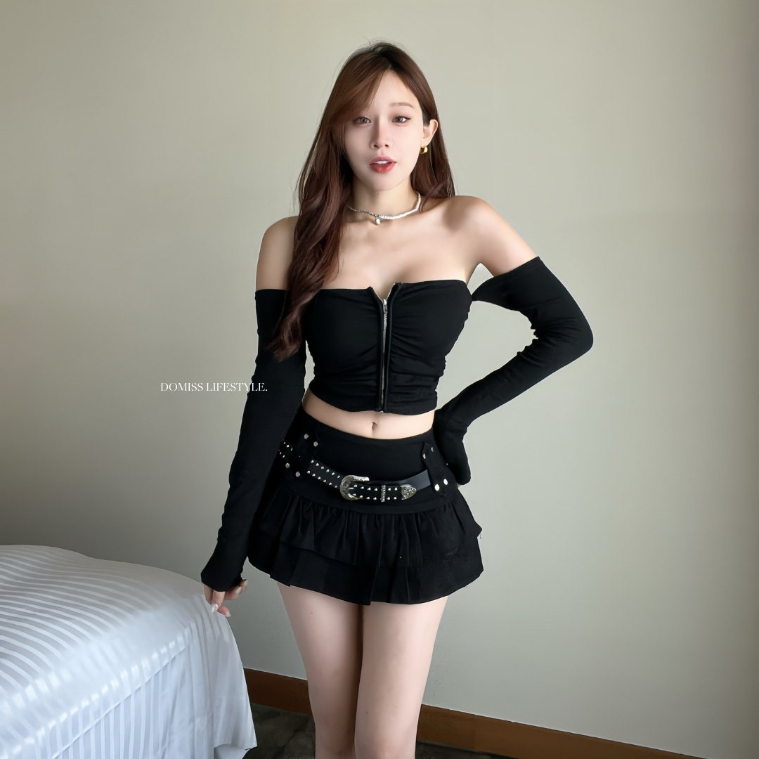 【個性平口斷袖】DOMISS 拉鍊 平口上衣 性感 長袖上衣 -4色 帶胸墊 薄長袖(現貨)