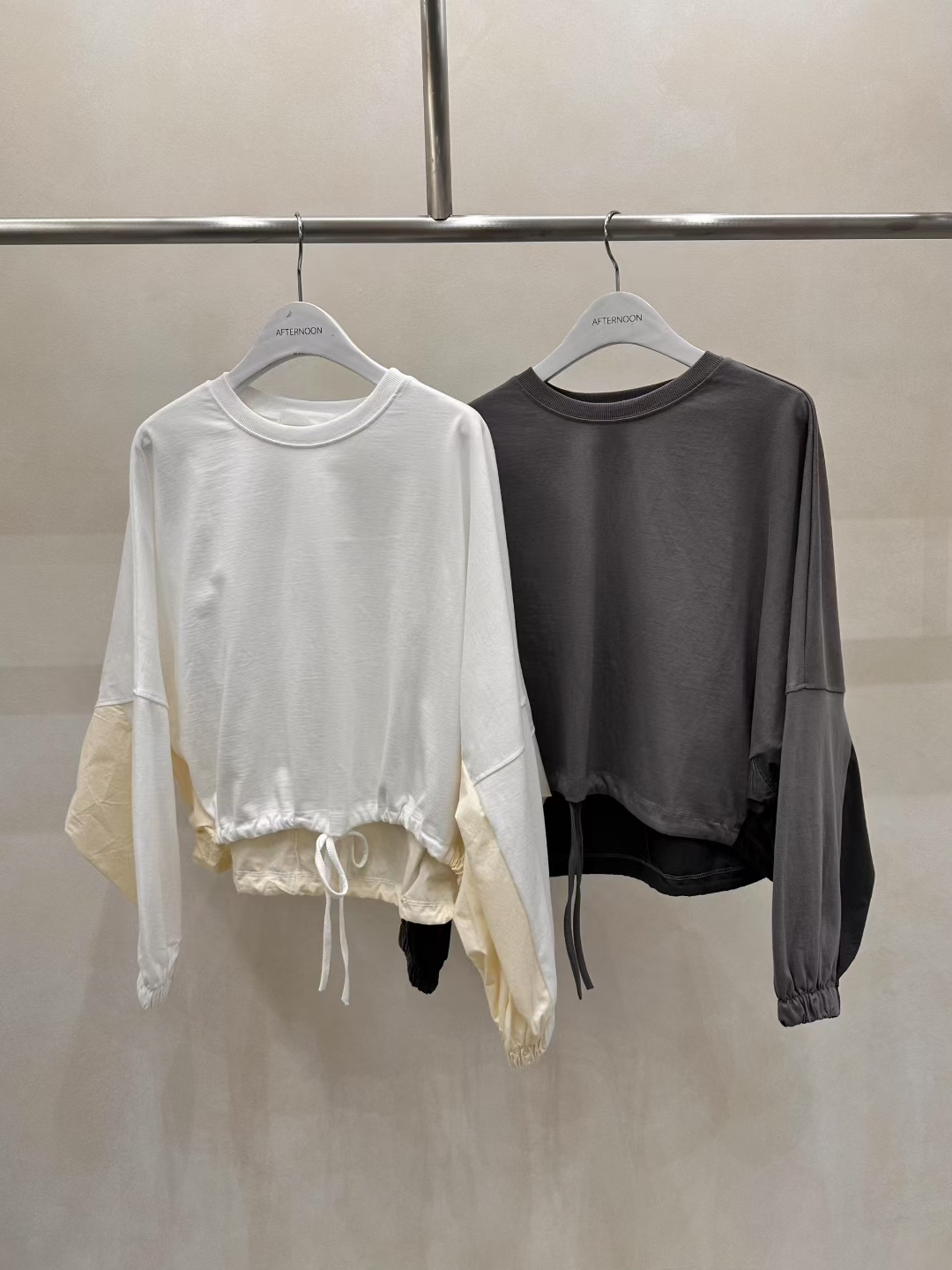 AF5040 前短後長拼色束腰長袖上衣