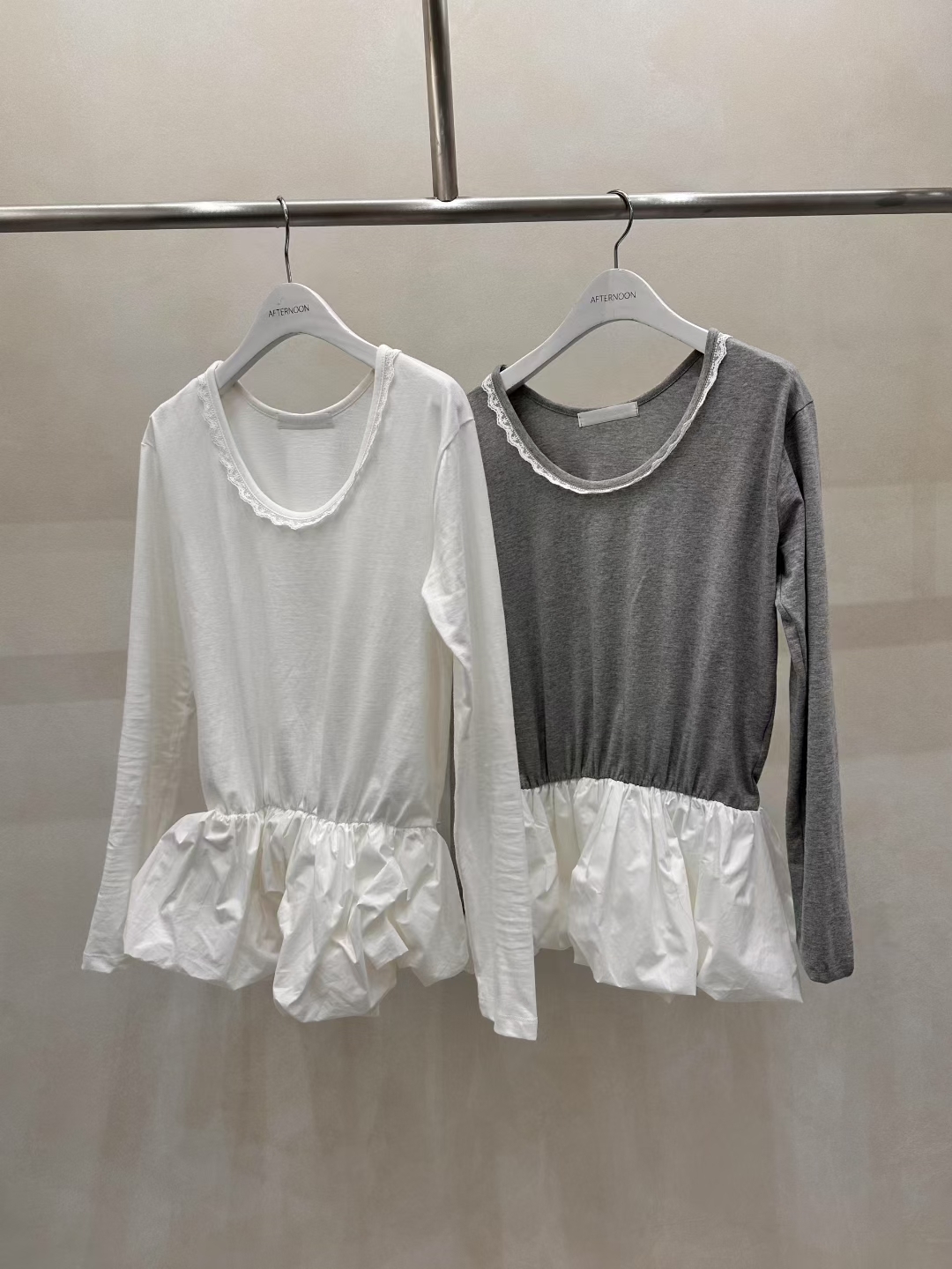 AF5041 異材質拼接花苞下擺長袖上衣