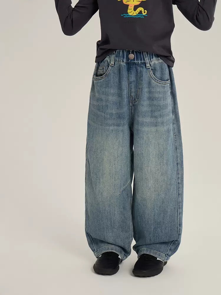 韓版拼接直筒牛仔褲(90-170)