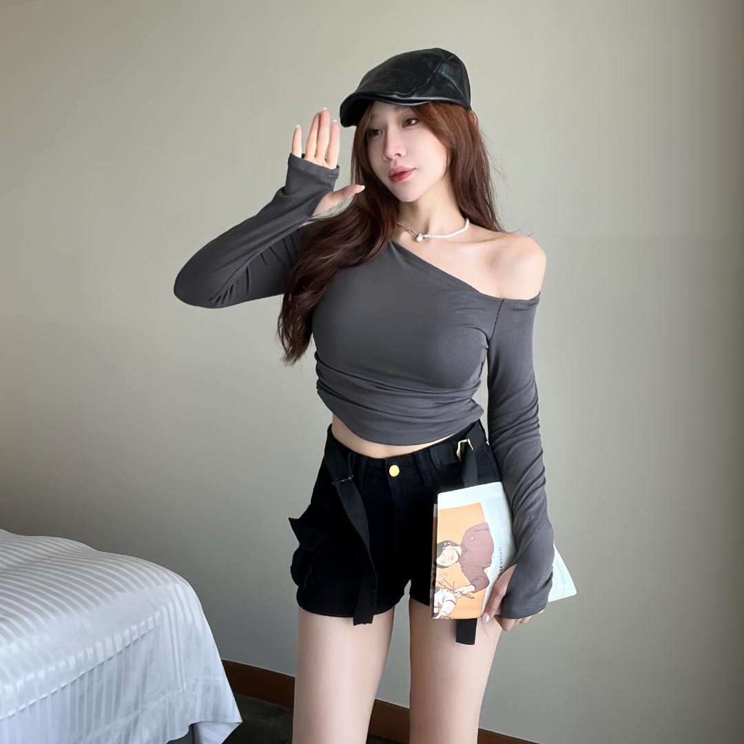 【純欲薄長袖】DOMISS百搭推薦!  一字領 上衣 長袖T恤 露肩上衣 薄長袖 斜肩上衣 5色(現貨)