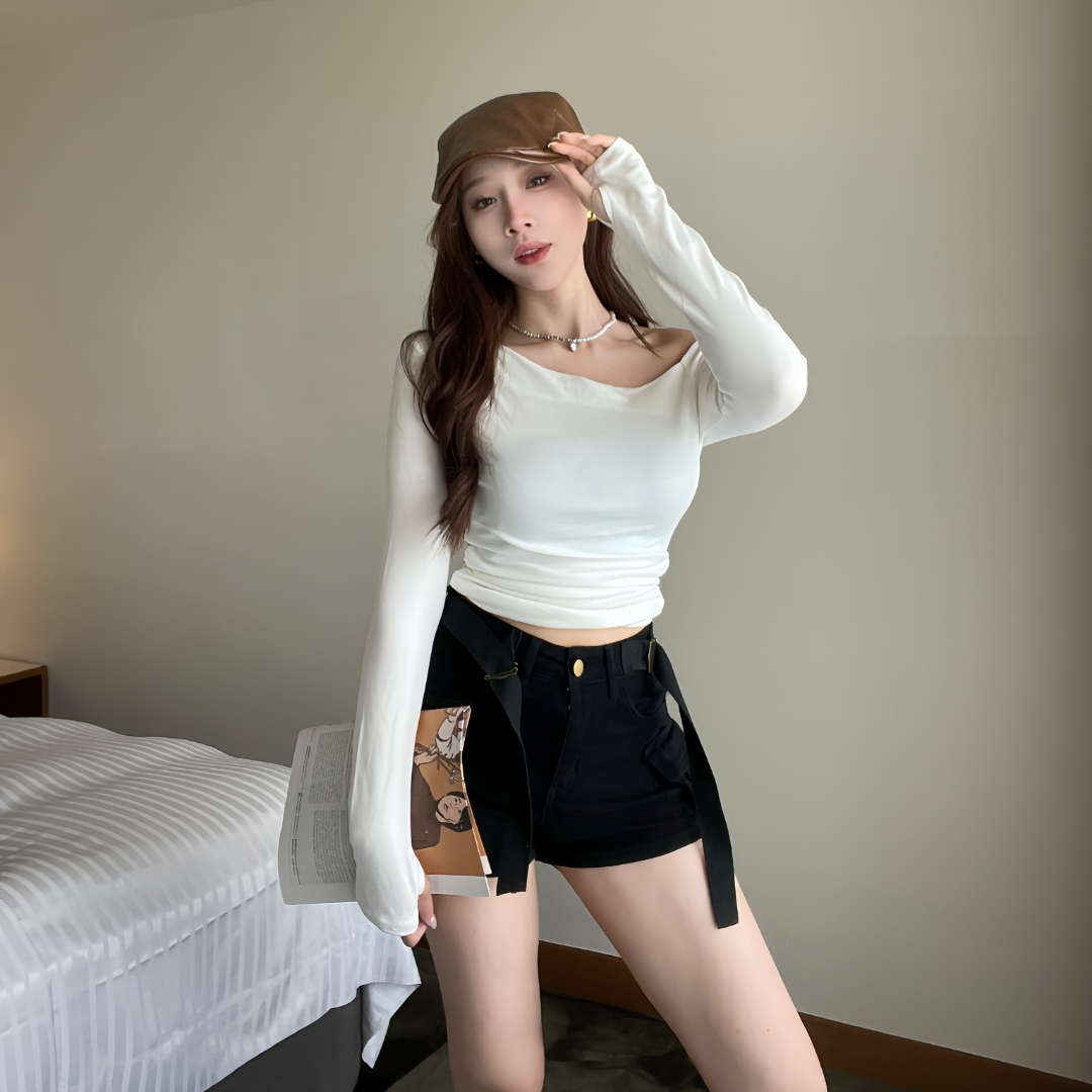 【純欲薄長袖】DOMISS百搭推薦!  一字領 上衣 長袖T恤 露肩上衣 薄長袖 斜肩上衣 5色(現貨)