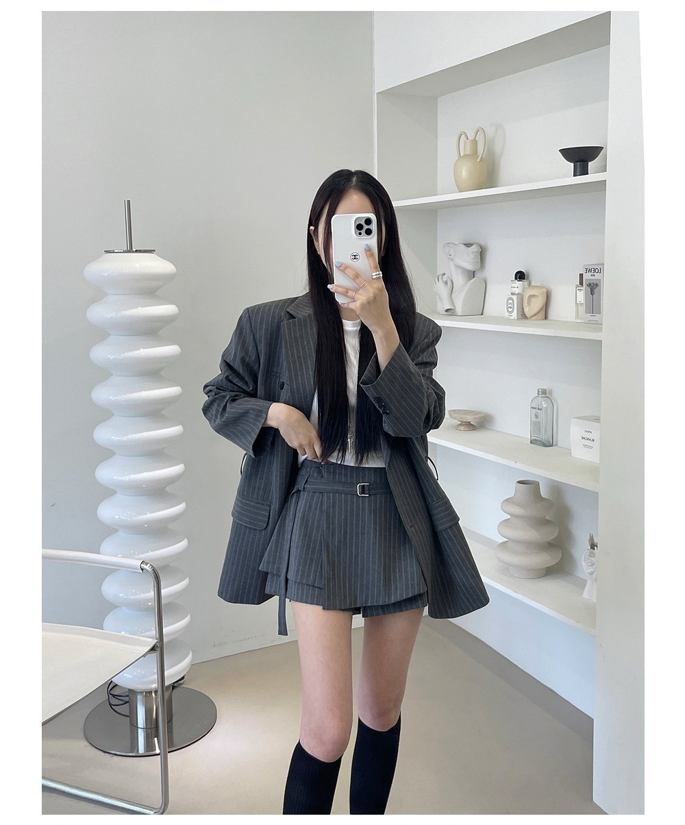 條紋西裝外套+高腰短裙(2件組)