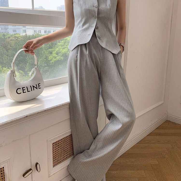 灰藍條紋 背心+高腰寬褲(2件組)