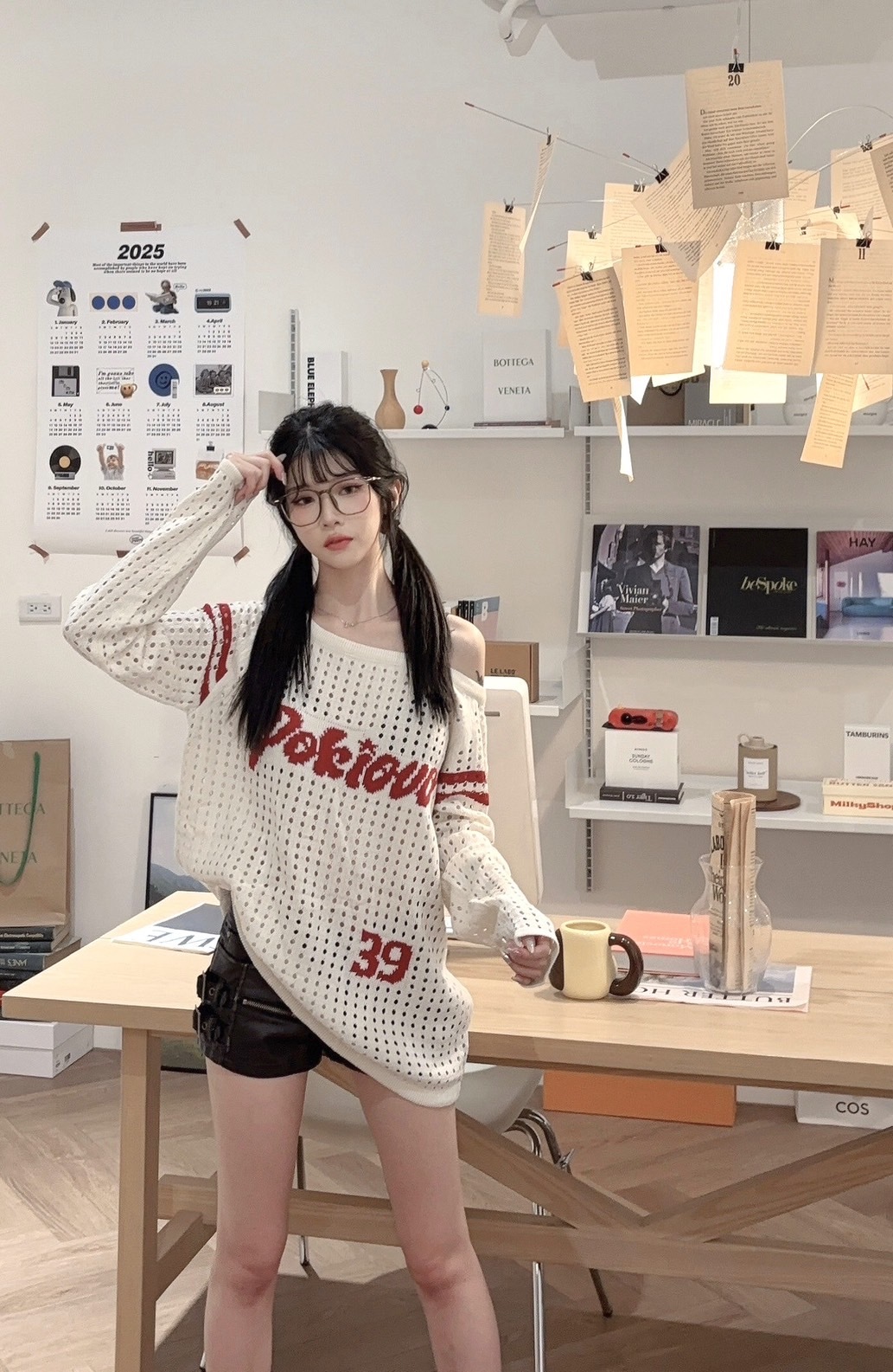 美式慵懶斜肩針織T