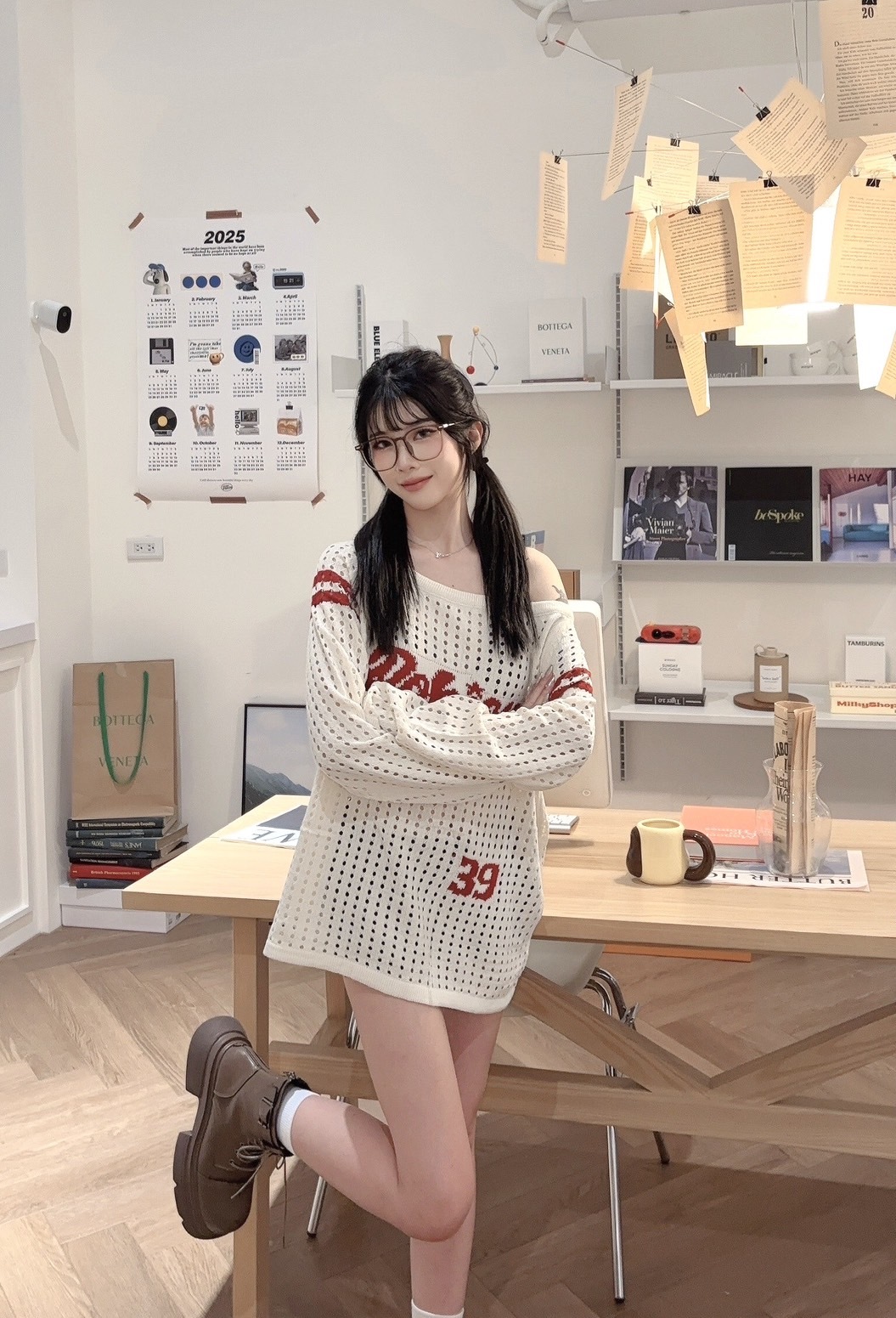 美式慵懶斜肩針織T