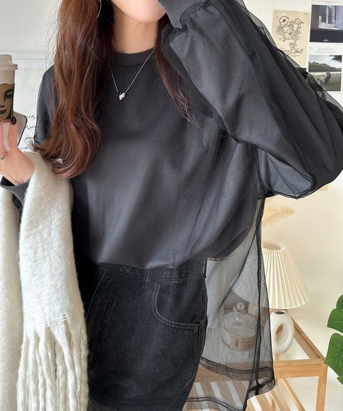 零碼現貨炭灰色M!! 日本🇯🇵連線 JAVA 雙層薄紗抓絨長袖T恤 背面Logo印花 長袖 薄紗 層次感 T恤 (任買兩件711免運)/現貨