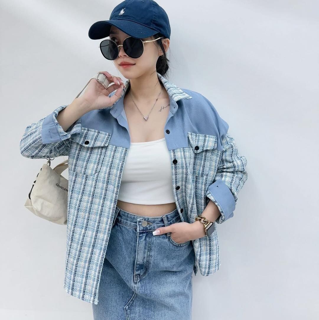 【質感超好的小香風格紋拼接襯衫】（現貨）