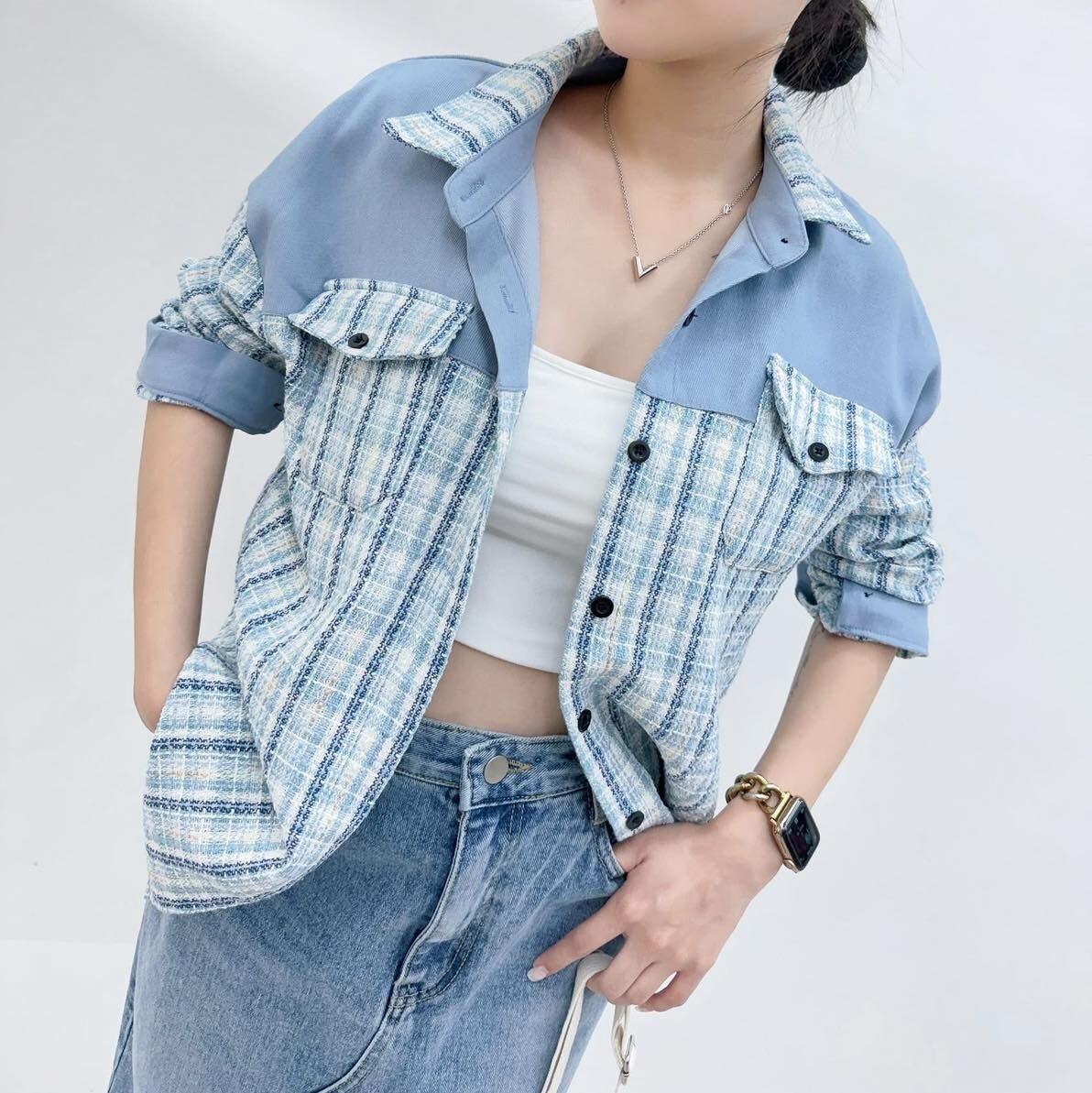 【質感超好的小香風格紋拼接襯衫】（現貨）