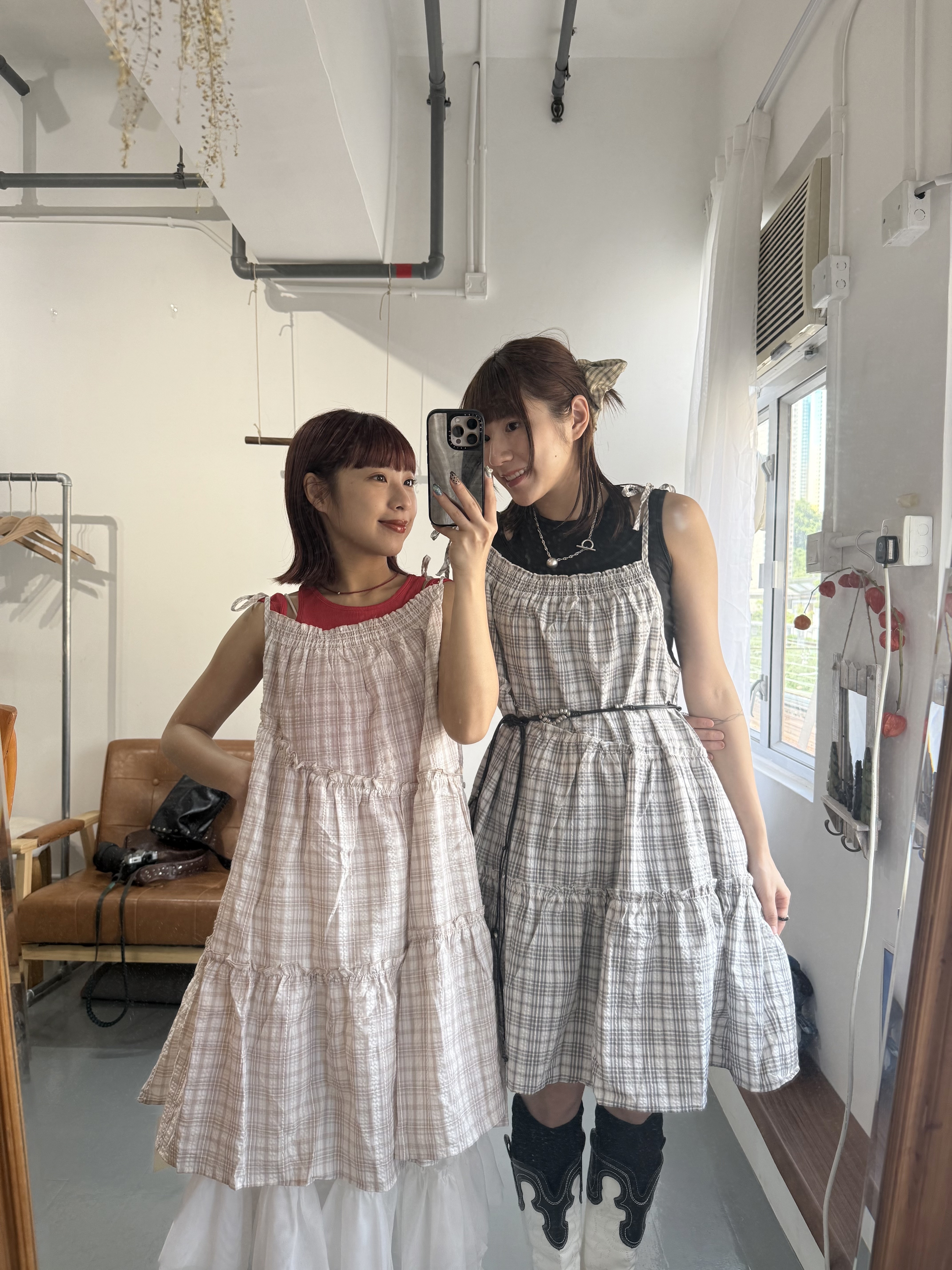 格紋斜cut綁帶短ops