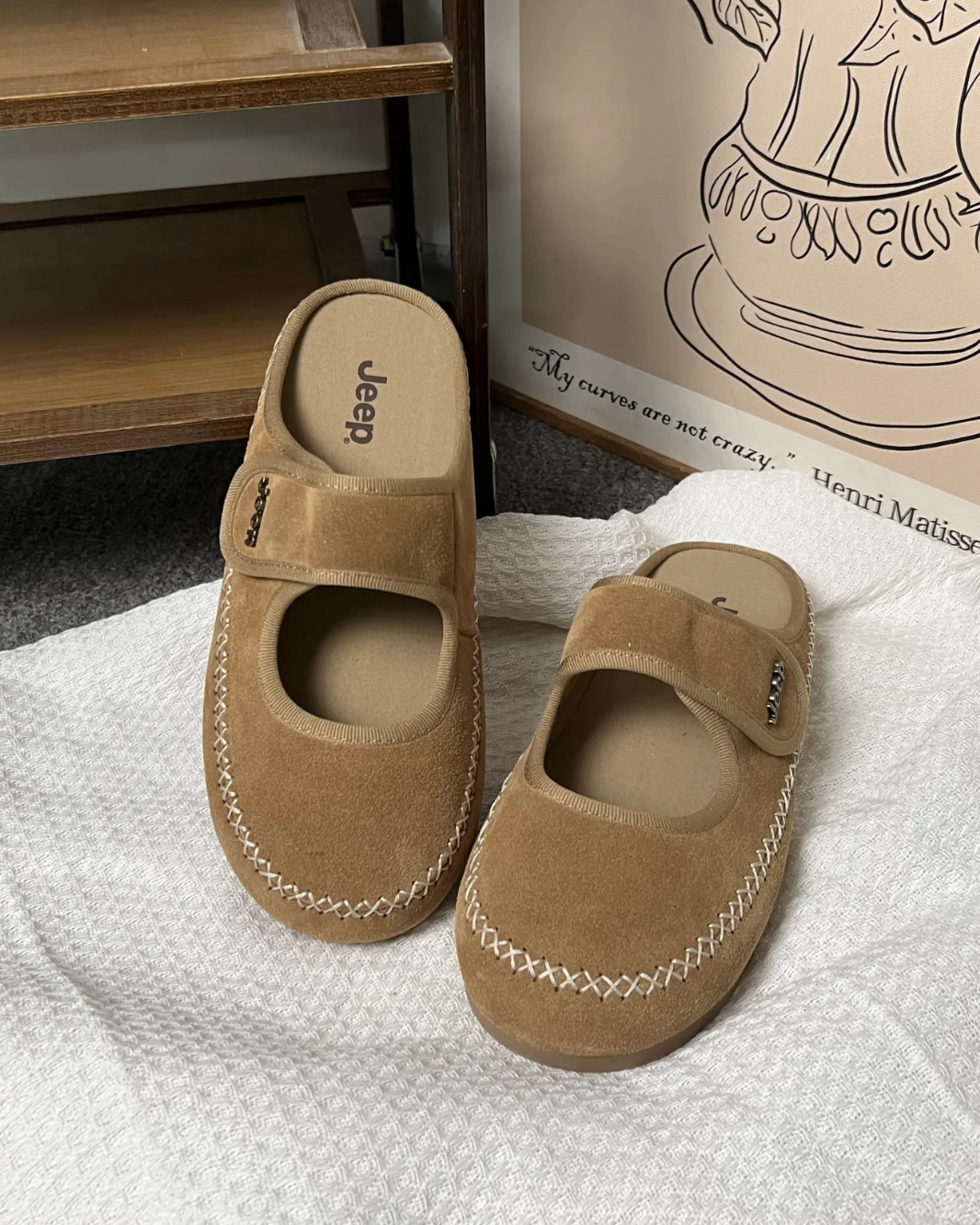 JEEP 魔鬼氈瑪莉珍鞋 勃肯鞋 半拖 麂皮 外縫線 棕/灰色