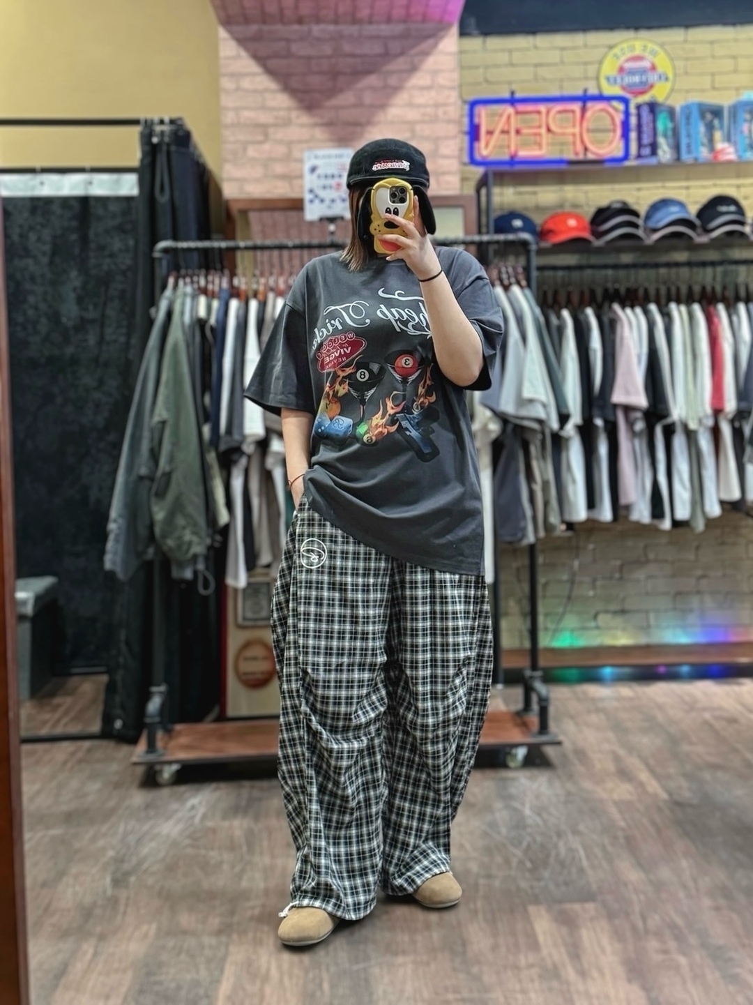 日系格紋彎刀舒適長褲