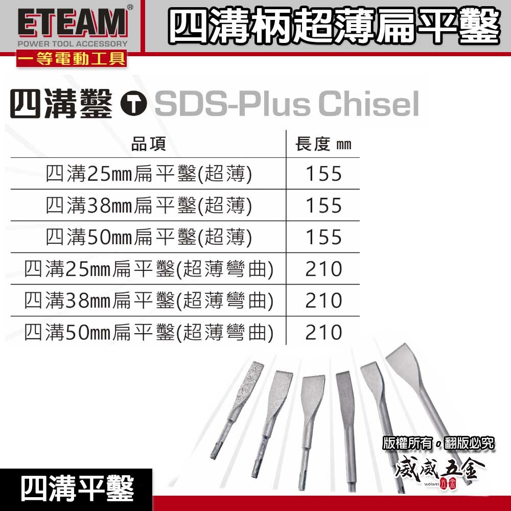 ETEAM 一等｜四溝超薄平鑿 155mm｜四溝超薄彎曲平鑿 210mm｜SDS 超薄平鑿 電鑽平鉆 破壞鑿 扁平鑿