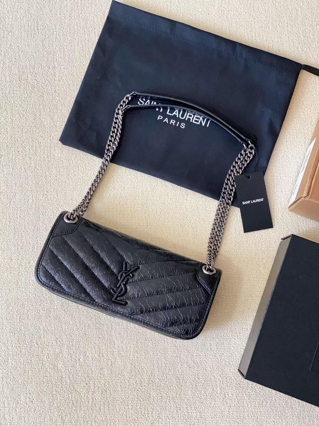 YSL 黑銀Niki油蠟皮法棍包