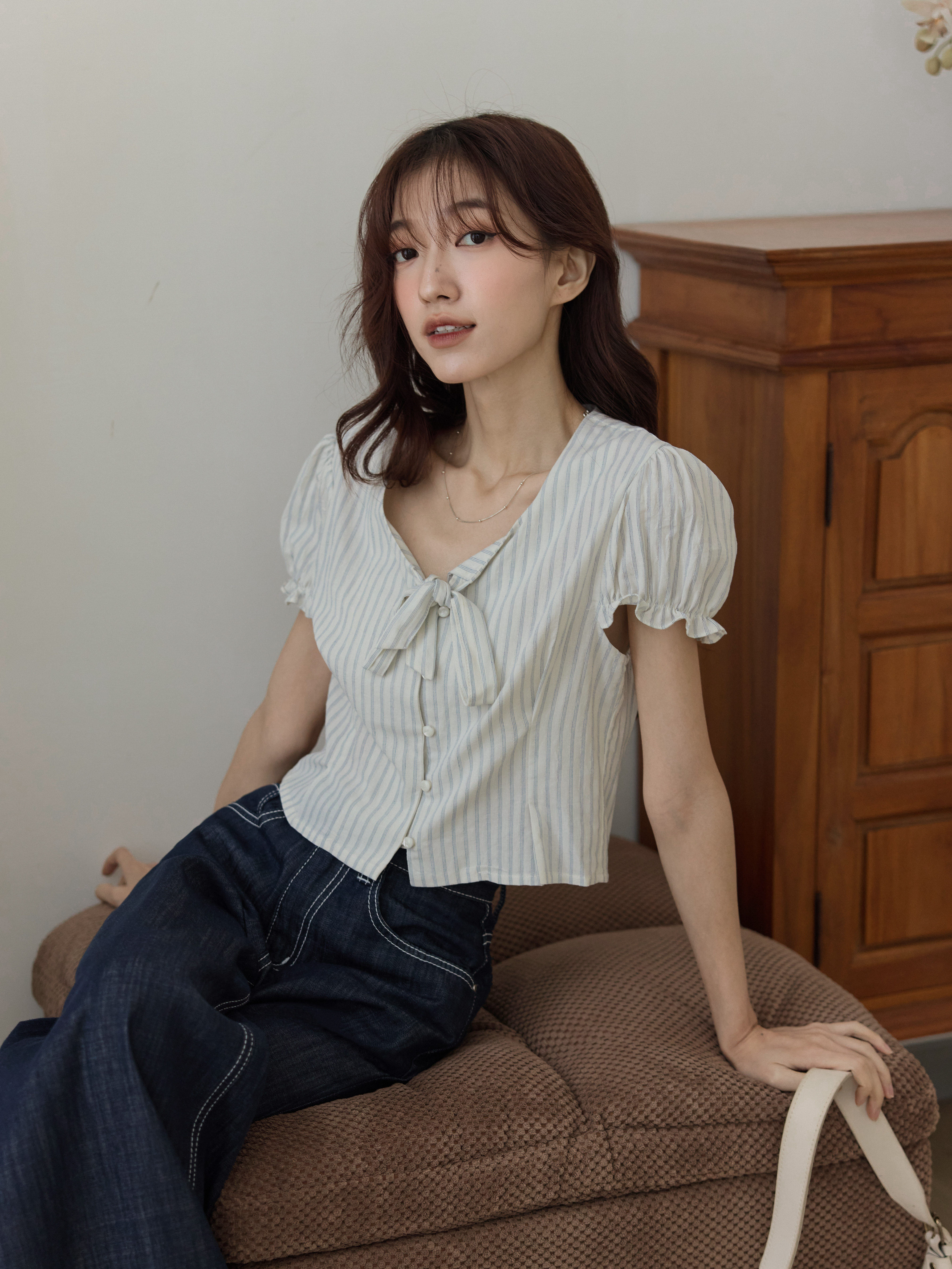 法式蝴蝶結直紋上衣