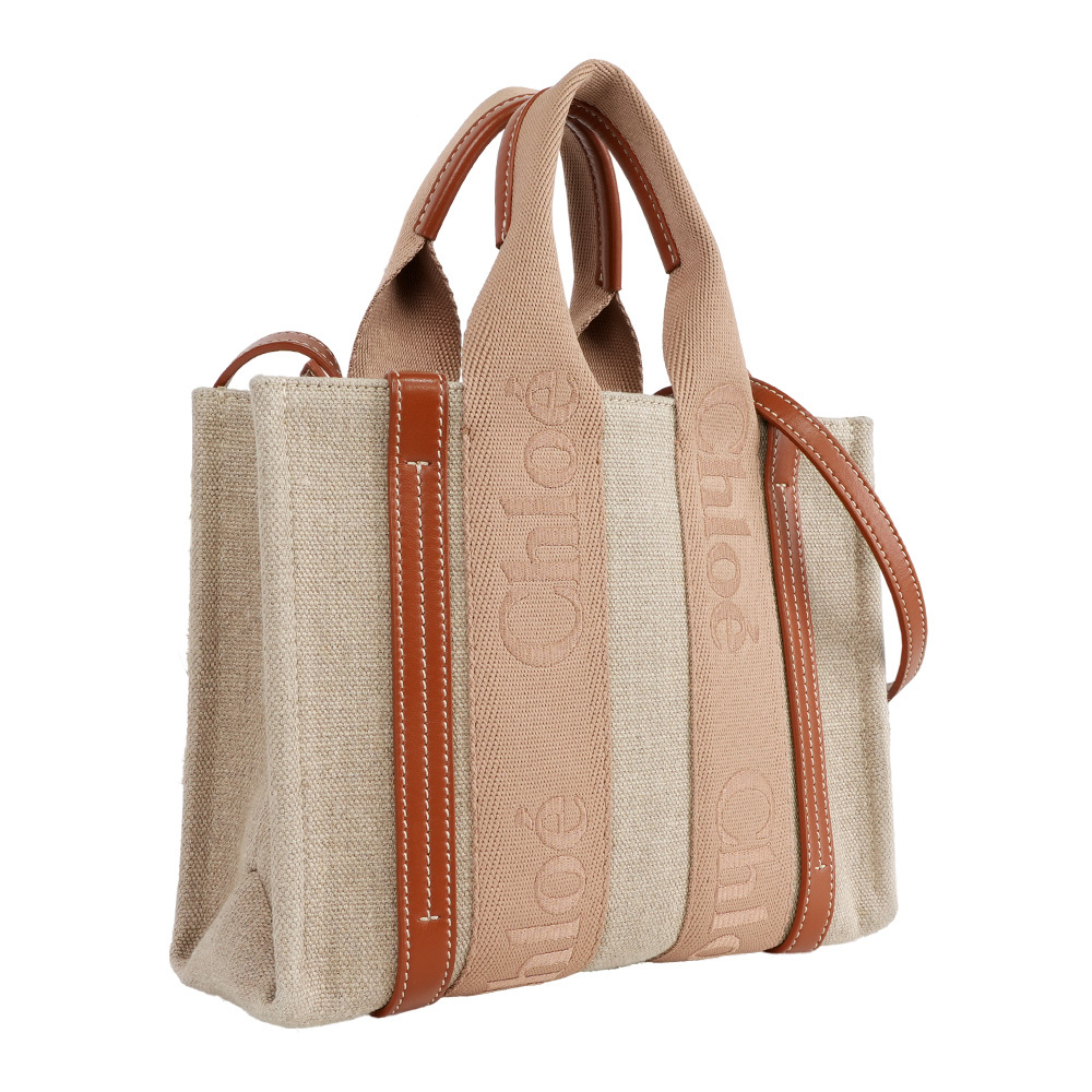 【Chloé】Woody 帆布拼牛皮手提/斜背二用托特包(小)(奶茶色)