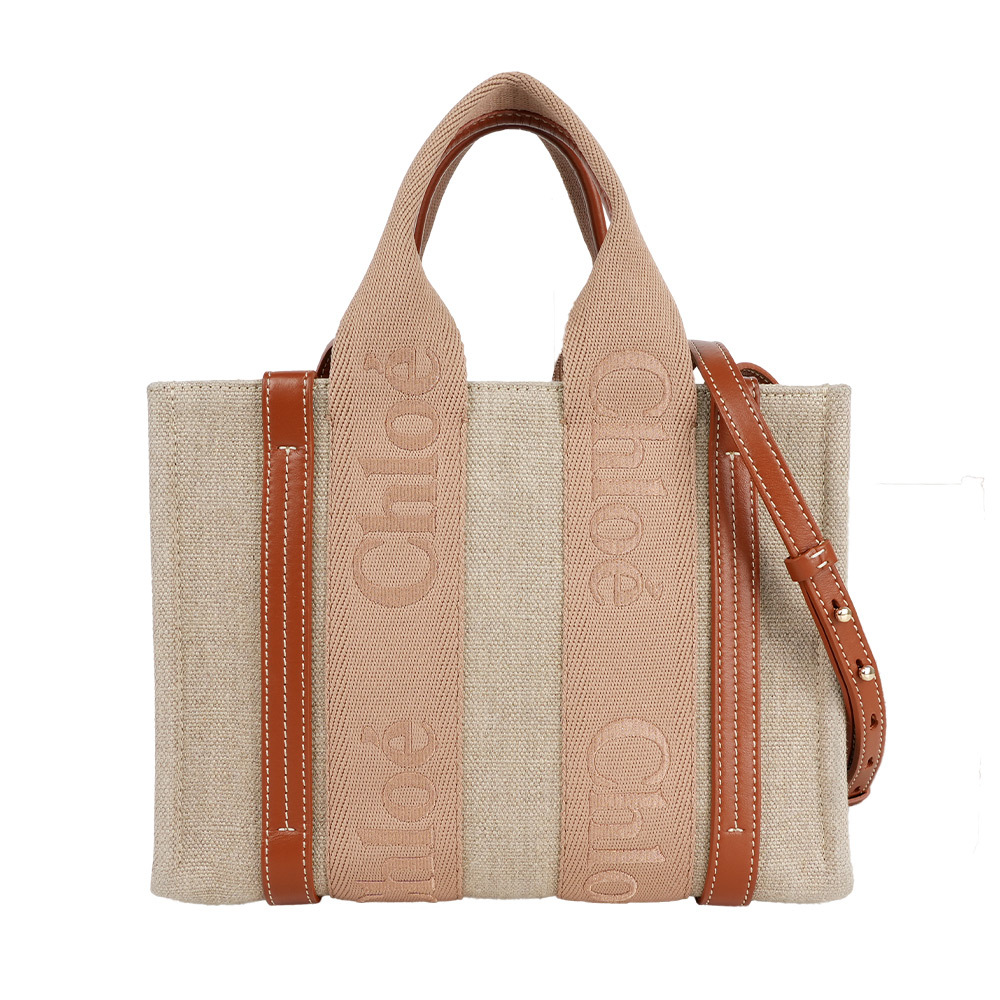 【Chloé】Woody 帆布拼牛皮手提/斜背二用托特包(小)(奶茶色)
