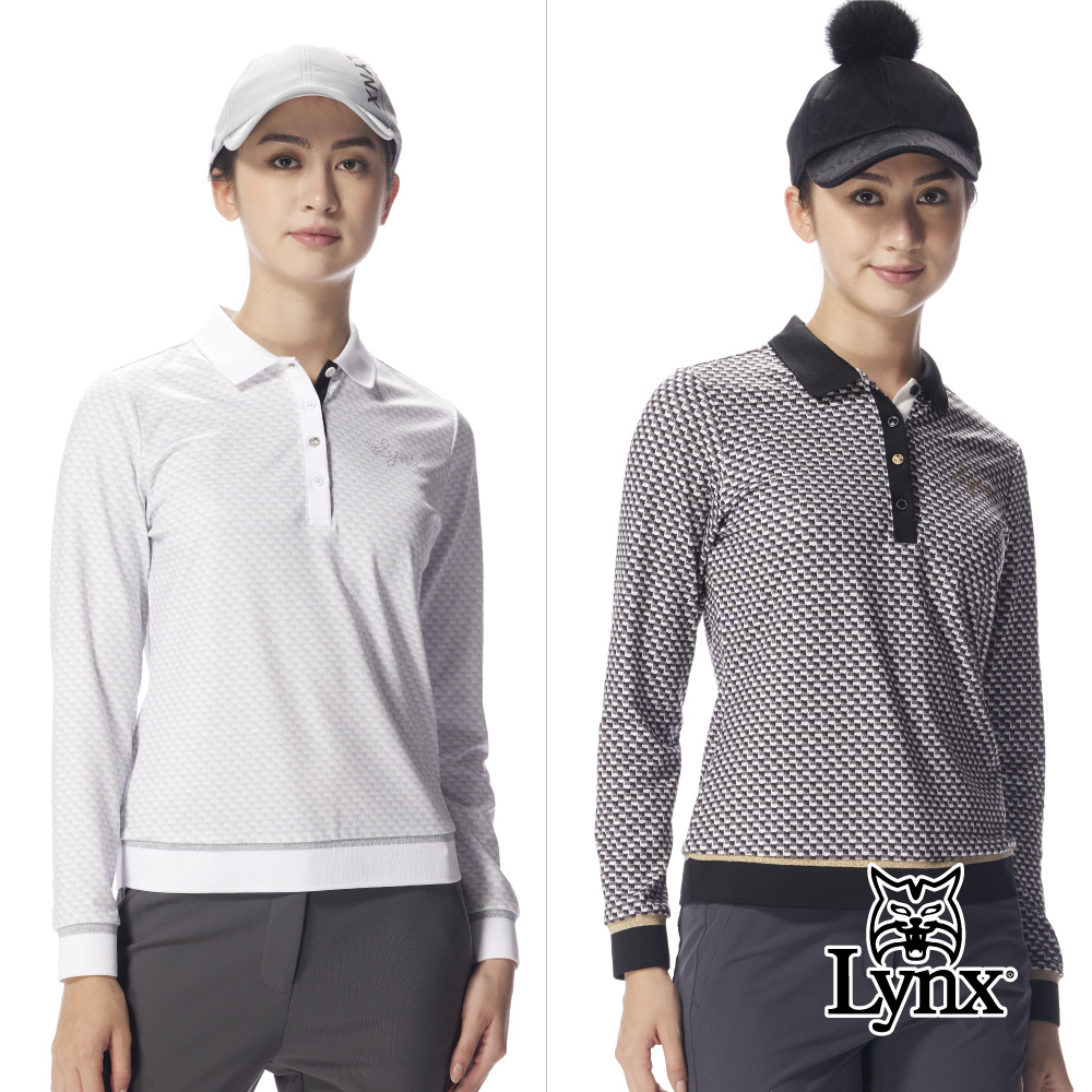 【Lynx Golf】女款保暖舒適內磨毛材質格紋拼接山貓千鳥花紋長袖高爾夫球衫