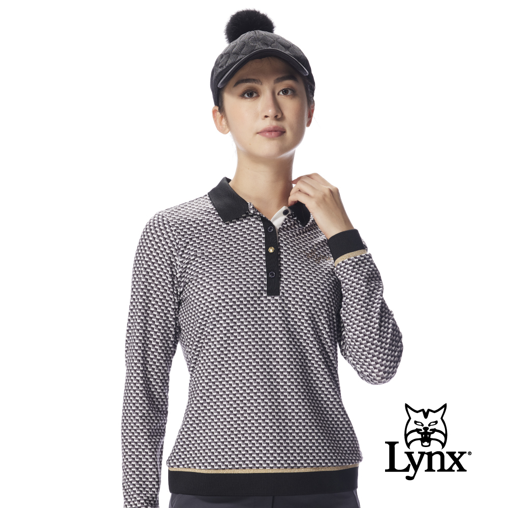 【Lynx Golf】女款保暖舒適內磨毛材質格紋拼接山貓千鳥花紋長袖高爾夫球衫