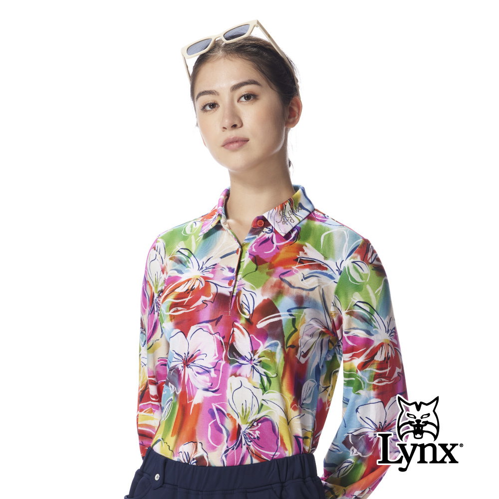 【Lynx Golf】女款歐洲進口面料七彩花紋下擺開杈設計長袖高爾夫球衫