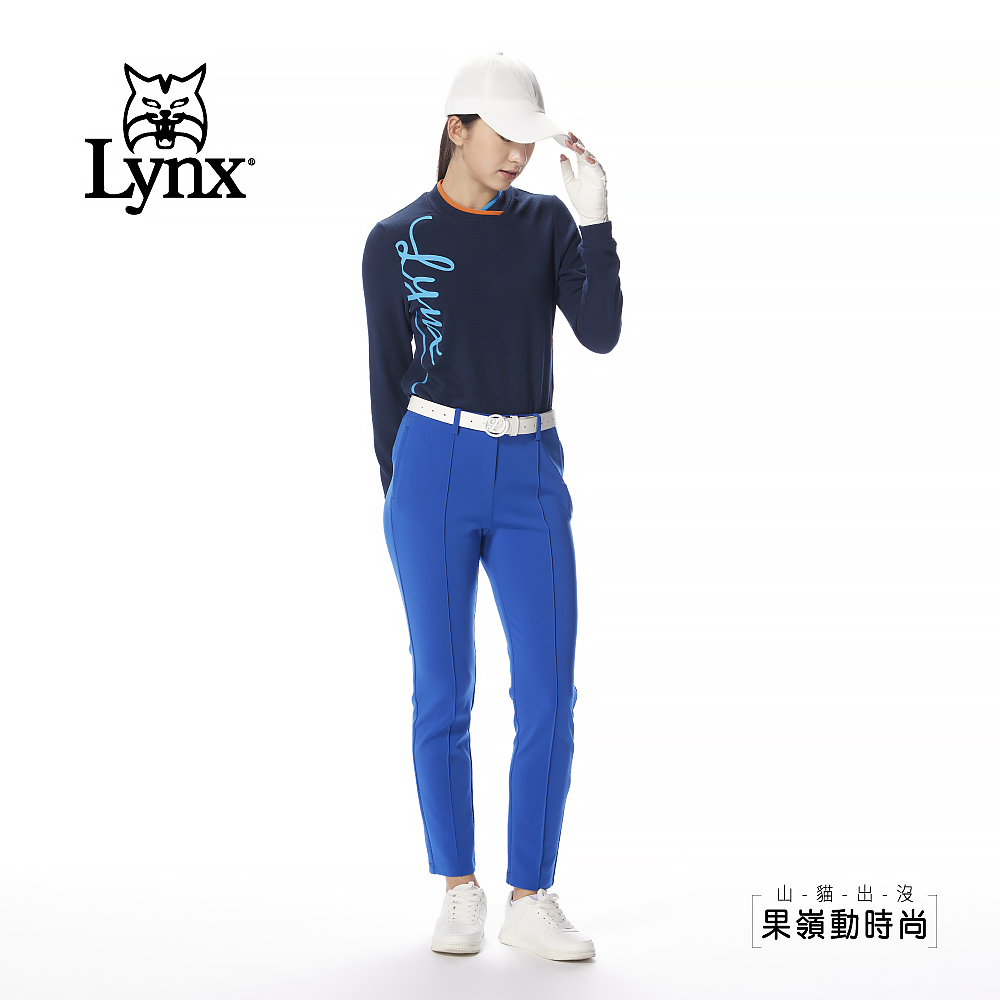 【Lynx Golf】女款日本進口布料彈性拉鍊口袋設計壓中線造型窄管九分褲