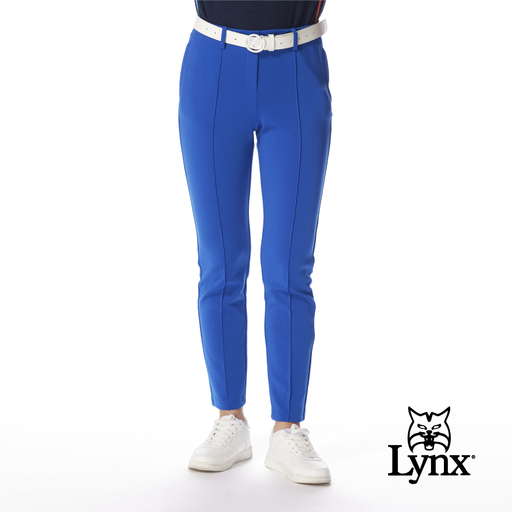 【Lynx Golf】女款日本進口布料彈性拉鍊口袋設計壓中線造型窄管九分褲