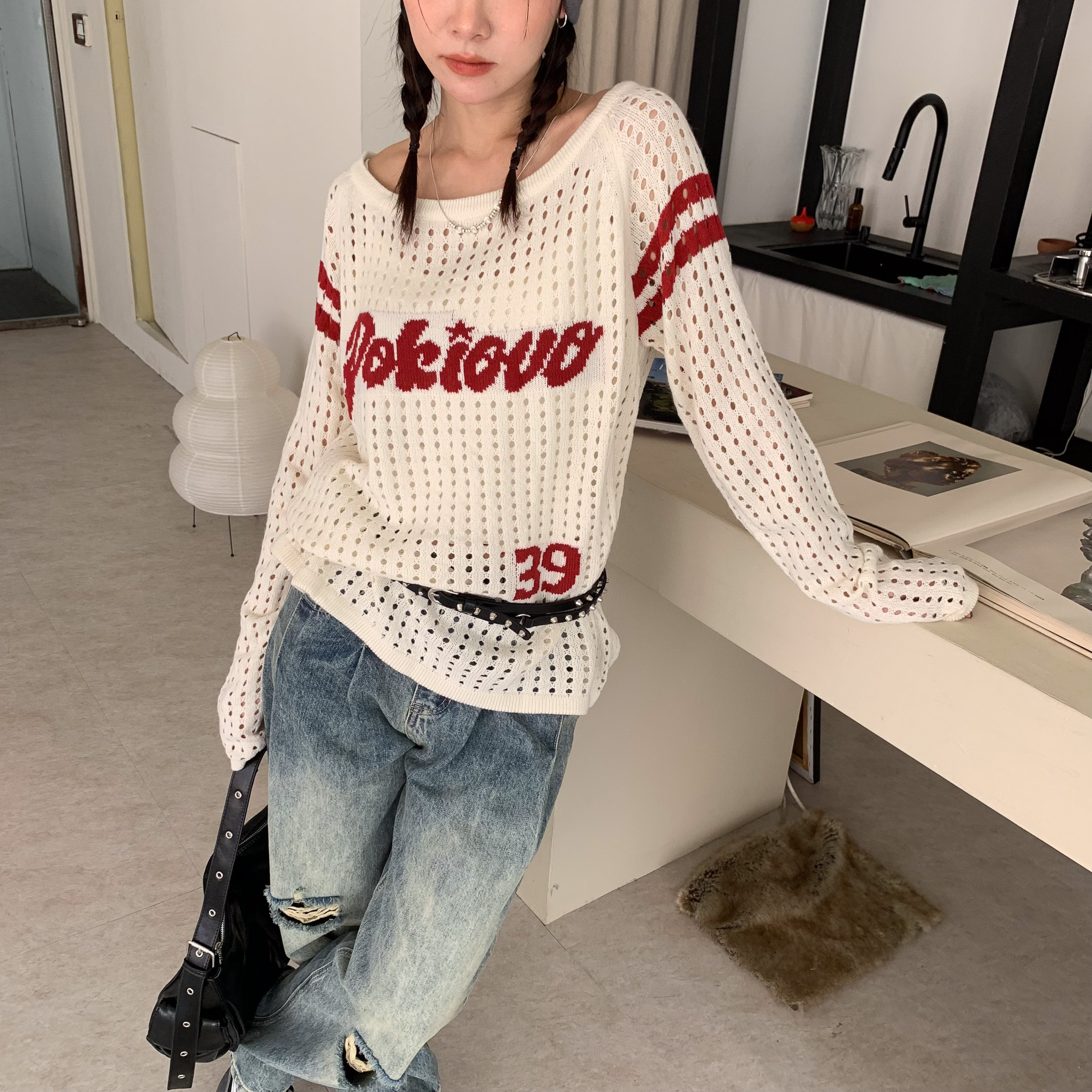 ISA_美式代表 辣妹大寬領(超特別!)針織鏤空上衣_58047