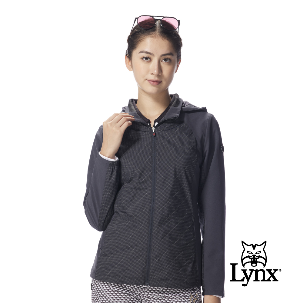 【Lynx Golf】女款3M反光長版連帽可拆細格紋刷毛裡布拉鍊風衣