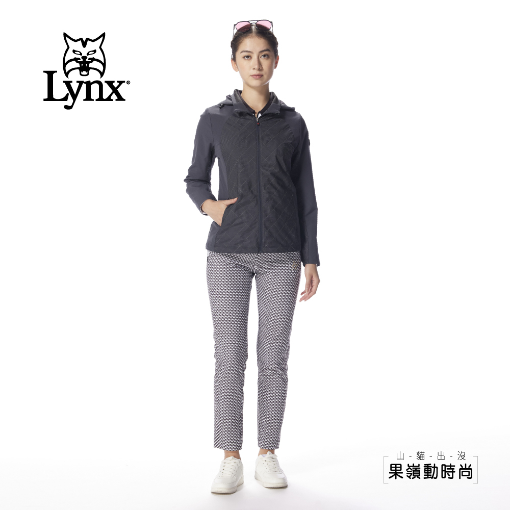 【Lynx Golf】女款3M反光長版連帽可拆細格紋刷毛裡布拉鍊風衣