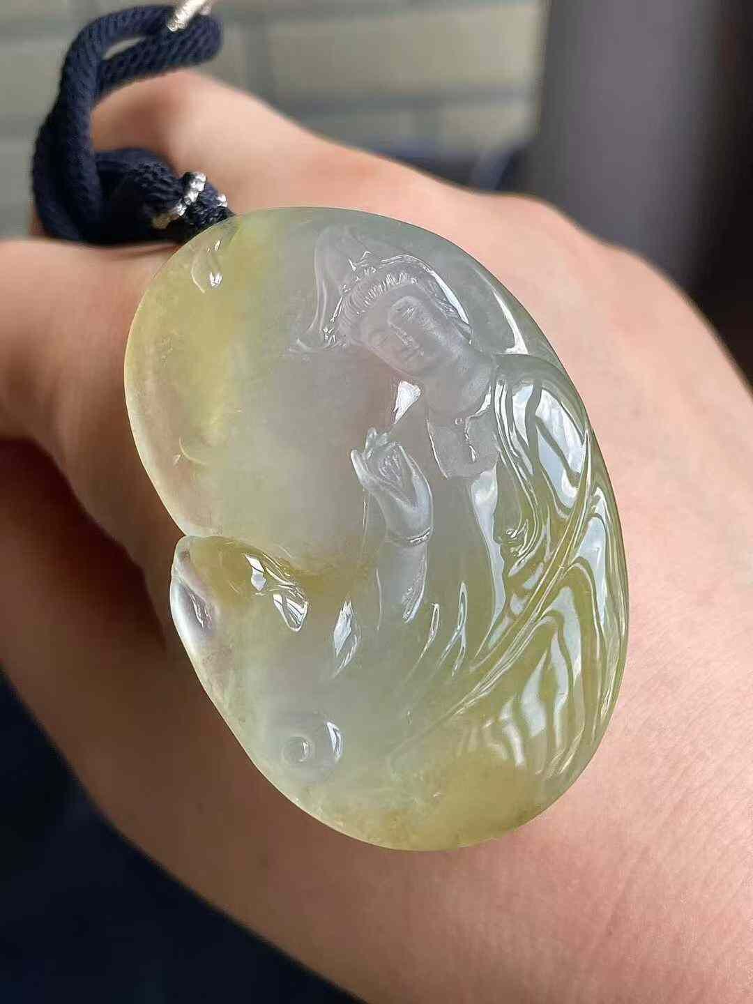 925558 翡翠冰種黃自在觀音吊墜