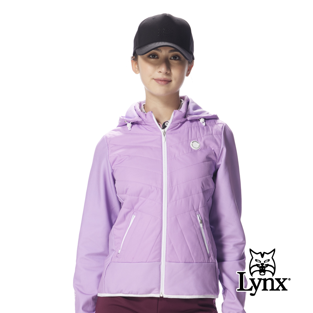 【Lynx Golf】女款鋪棉連帽可拆壓紋造型拉鍊口袋夾克