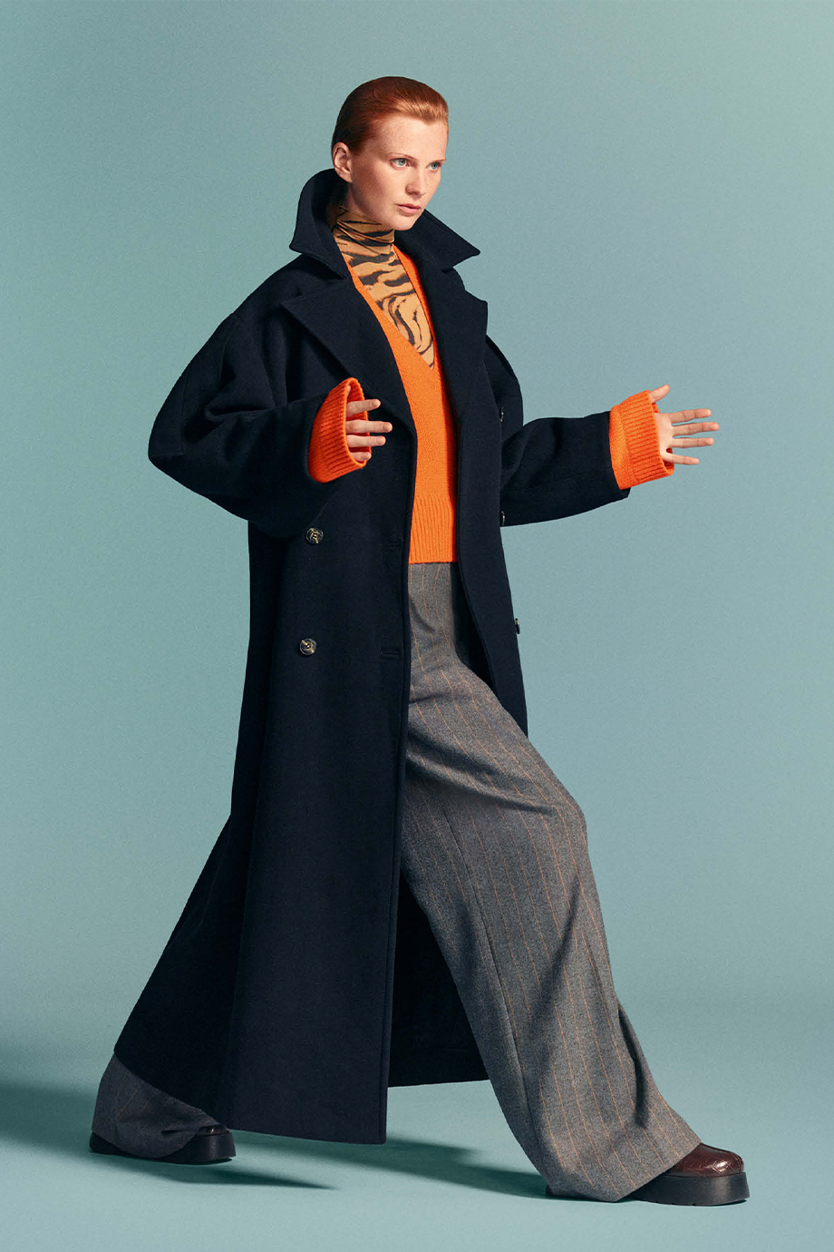 GANNI｜WOOL 交疊側釦條紋落地褲