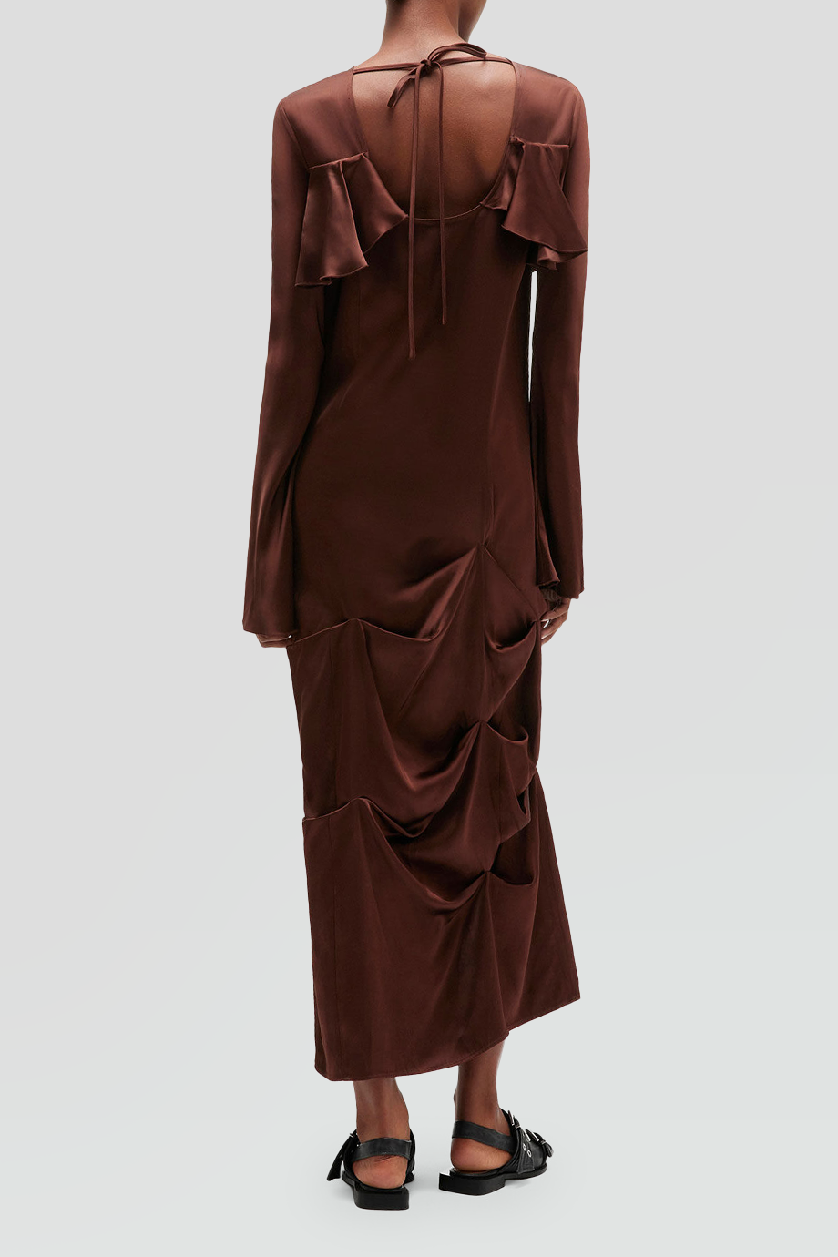 GANNI｜SATIN 長袖緞面褶飾裙擺長洋裝