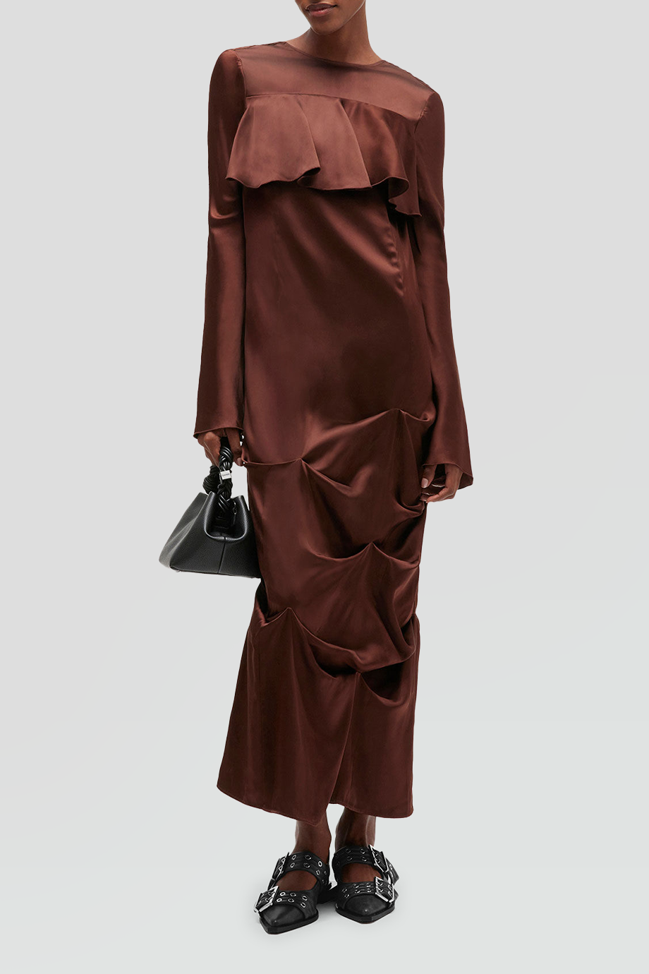 GANNI｜SATIN 長袖緞面褶飾裙擺長洋裝