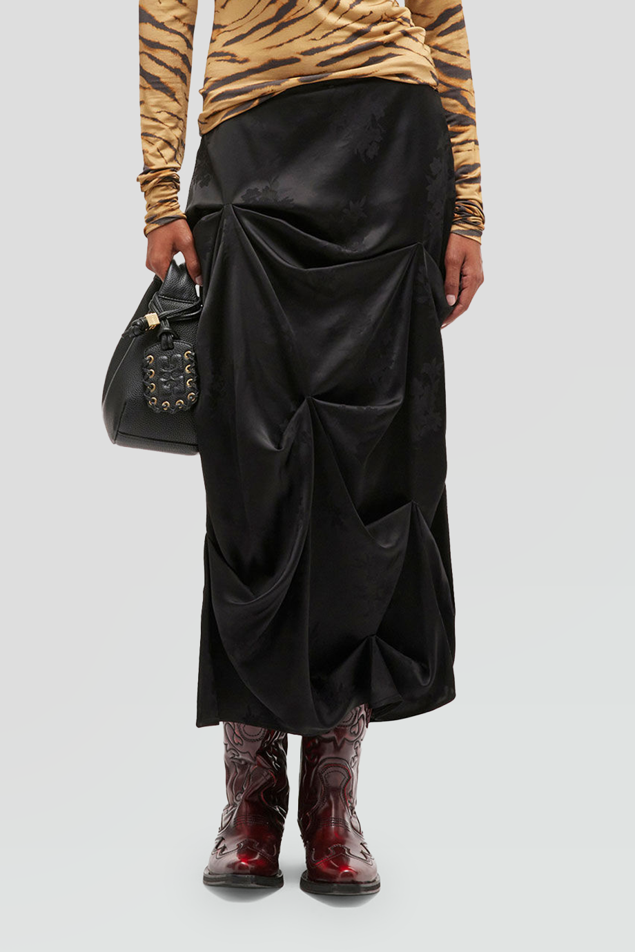 GANNI｜JACQUARD 緞面提花褶飾長裙