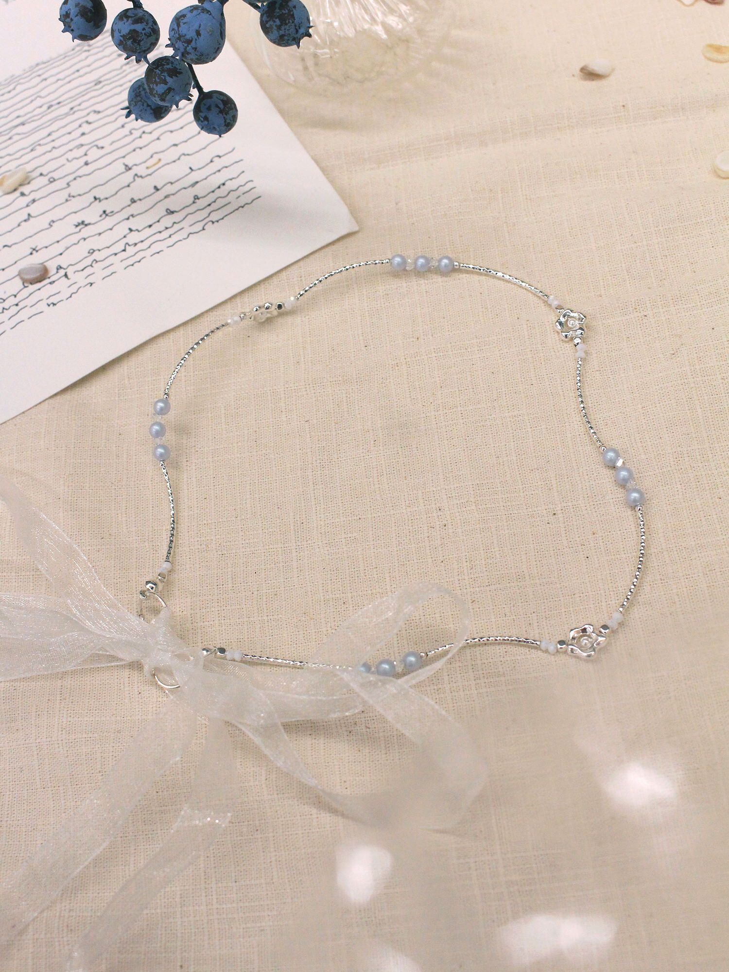 日落告白。MUCHAT手作銀花珍珠透紗髮帶/髮箍