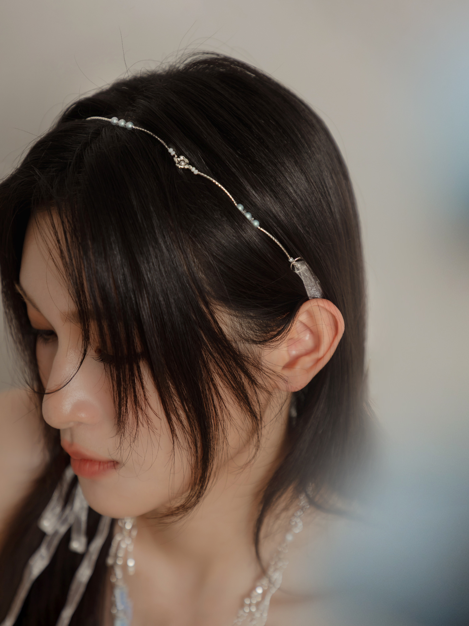 日落告白。MUCHAT手作銀花珍珠透紗髮帶/髮箍