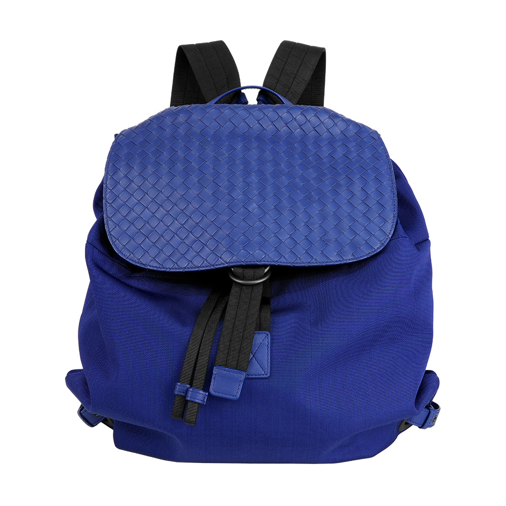 【Bottega Veneta】尼龍拼皮革束口翻蓋後背包(電子藍)