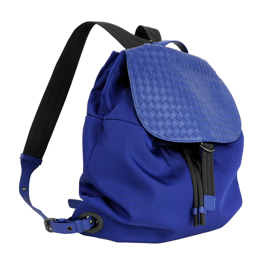 【Bottega Veneta】尼龍拼皮革束口翻蓋後背包(電子藍)