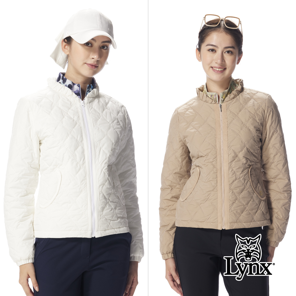 【Lynx Golf】女款鋪棉保暖防潑水菱形格壓紋插袋拉鍊夾克