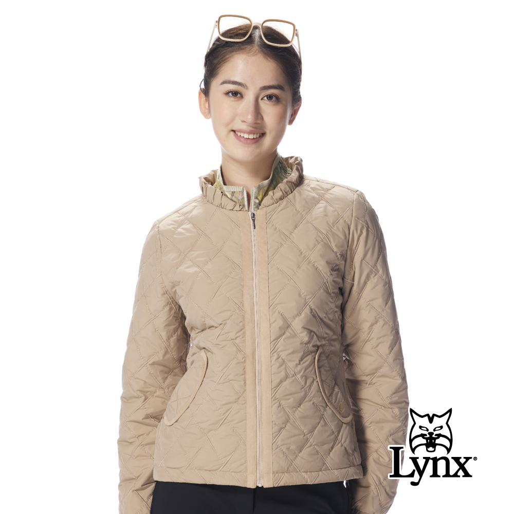 【Lynx Golf】女款鋪棉保暖防潑水菱形格壓紋插袋拉鍊夾克
