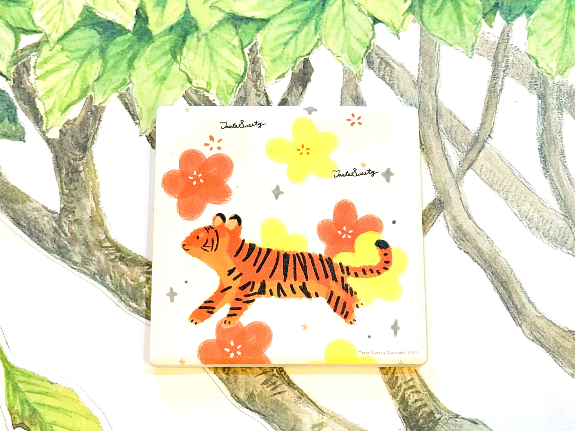 萌跳虎陶瓷杯墊